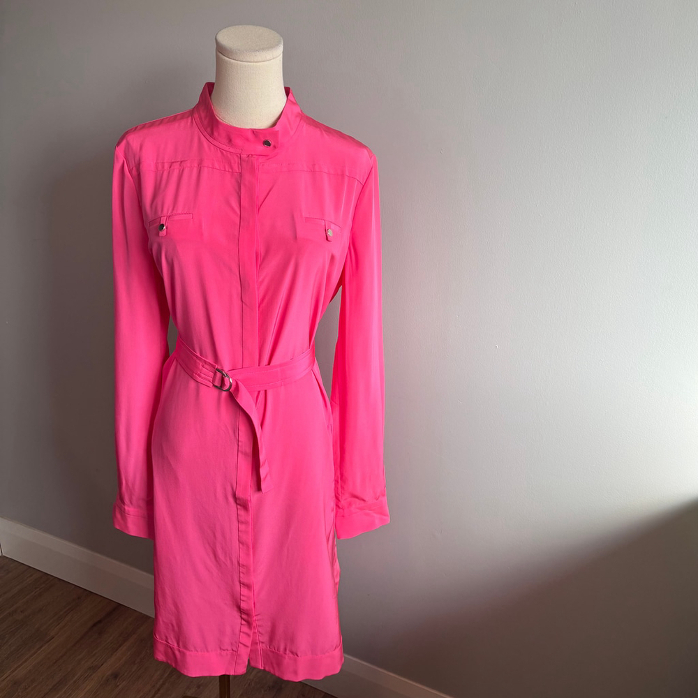 Diane von Furstenberg Women's Pink Shirtdress Long Sleeve Belted Silk Dress 12